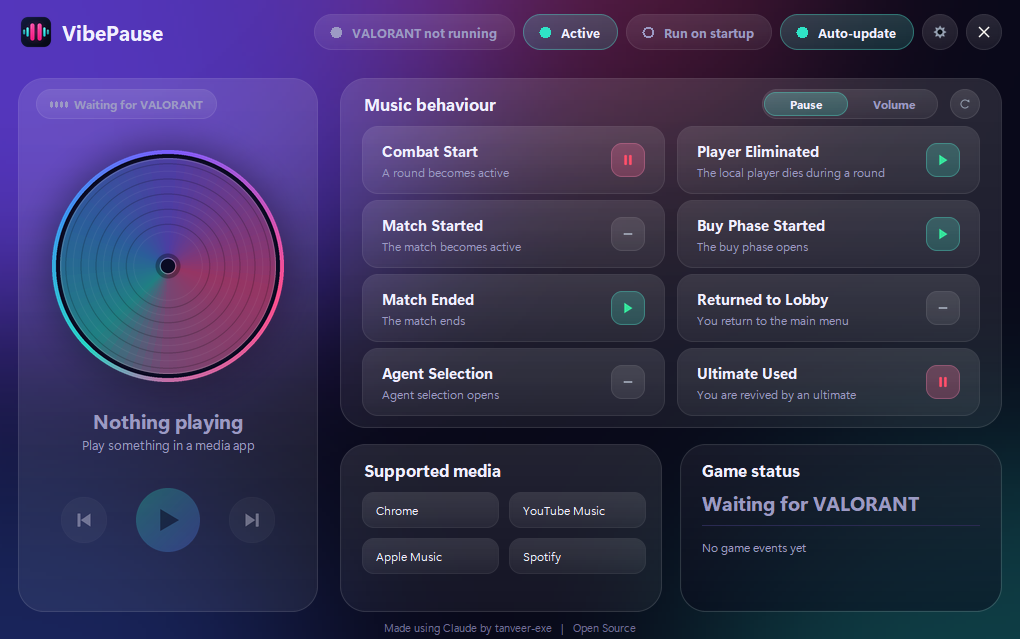 The VibePause window: player card, Music behaviour grid with the Pause and Volume switch, supported media and game status